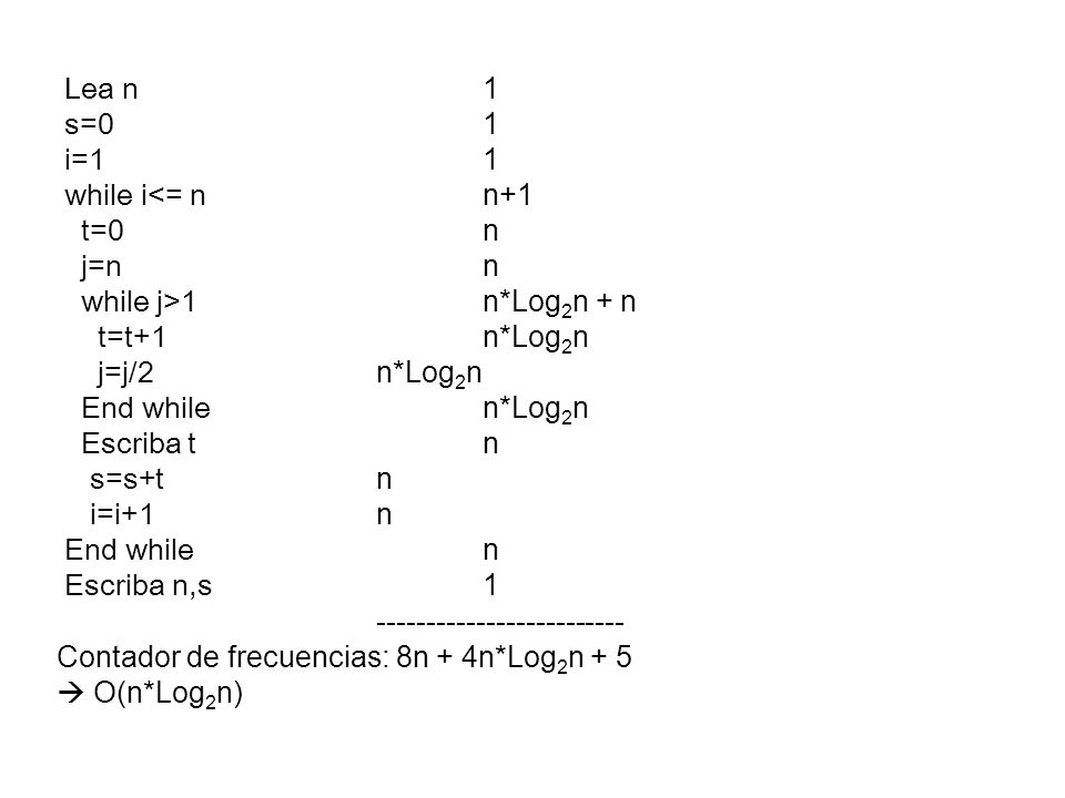 Lea n 1 s=0 1. i=1 1. while i<= n n+1. t=0 n. j=n n. while j>1 n*Log2n + n.
