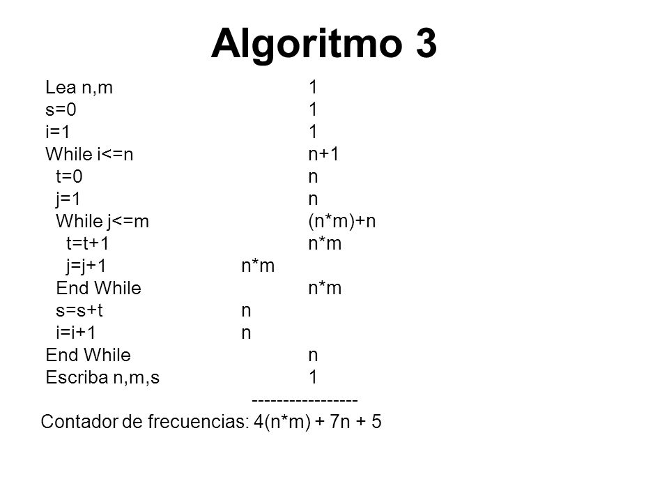 Algoritmo 3 Lea n,m 1 s=0 1 i=1 1 While i<=n n+1 t=0 n j=1 n