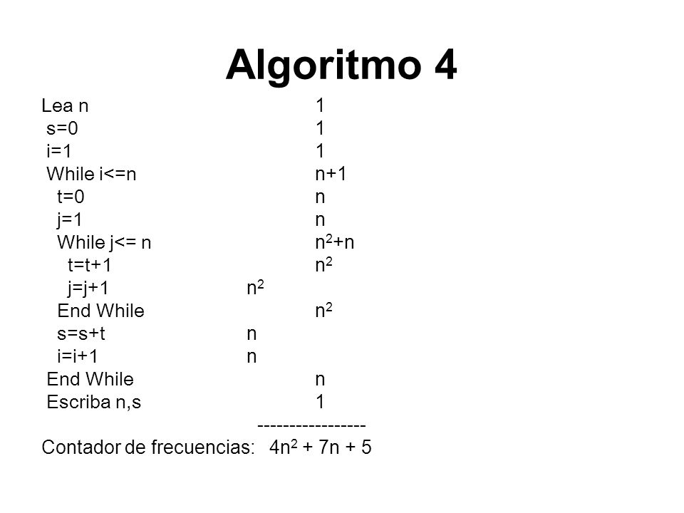 Algoritmo 4 Lea n 1 s=0 1 i=1 1 While i<=n n+1 t=0 n j=1 n