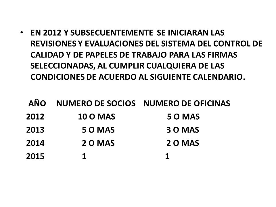 EN 2012 Y SUBSECUENTEMENTE SE INICIARAN LAS REVISIONES Y EVALUACIONES DEL SISTEMA DEL CONTROL DE CALIDAD Y DE PAPELES DE TRABAJO PARA LAS FIRMAS SELECCIONADAS, AL CUMPLIR CUALQUIERA DE LAS CONDICIONES DE ACUERDO AL SIGUIENTE CALENDARIO.