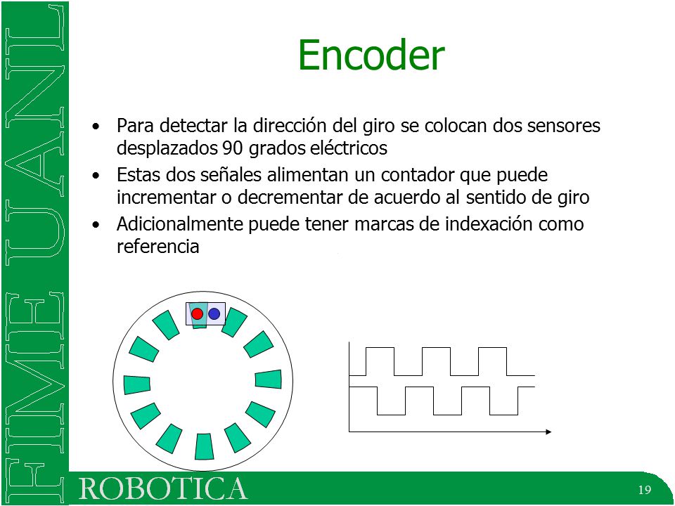 Encoder Para detectar la dirección del giro se colocan dos sensores desplazados 90 grados eléctricos.