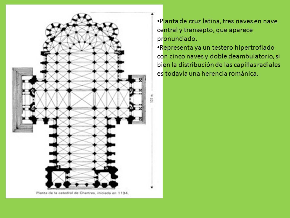 Planta de cruz latina, tres naves en nave central y transepto, que aparece pronunciado.