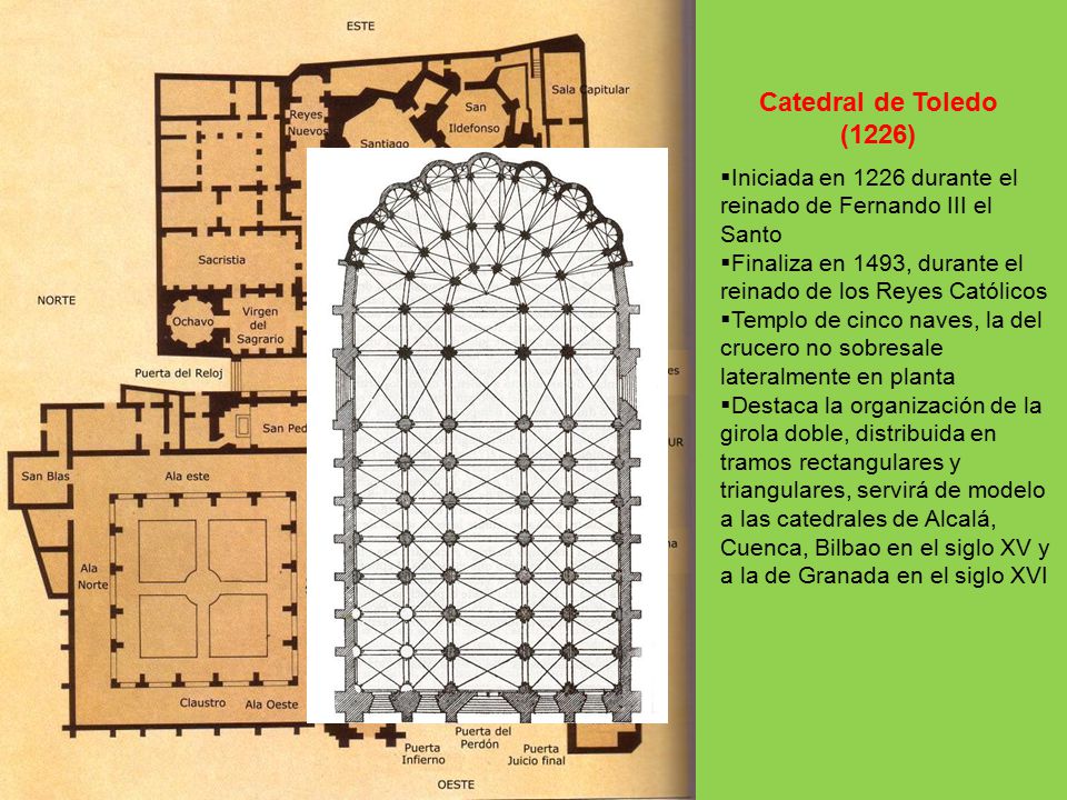 Catedral de Toledo (1226) Iniciada en 1226 durante el reinado de Fernando III el Santo. Finaliza en 1493, durante el reinado de los Reyes Católicos.