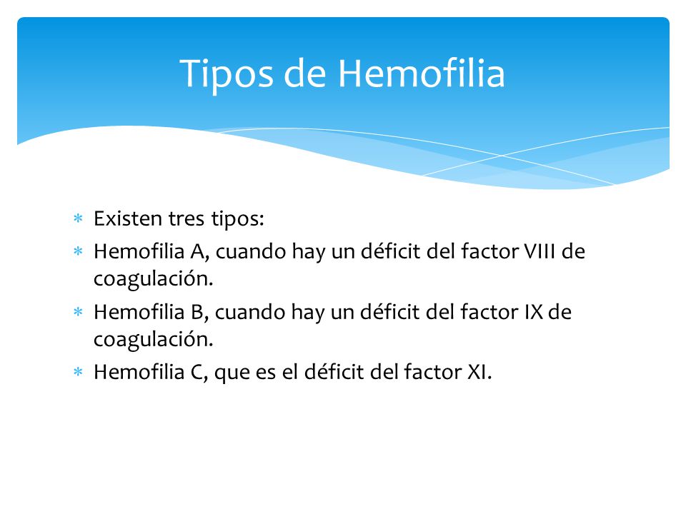 Tipos de Hemofilia Existen tres tipos: