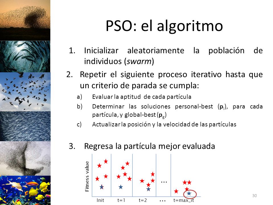 PSO: el algoritmo Inicializar aleatoriamente la población de individuos (swarm)