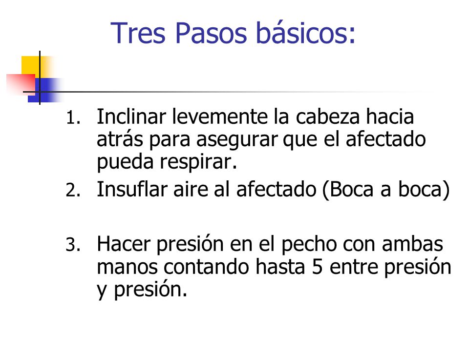 Tres Pasos básicos: Inclinar levemente la cabeza hacia atrás para asegurar que el afectado pueda respirar.