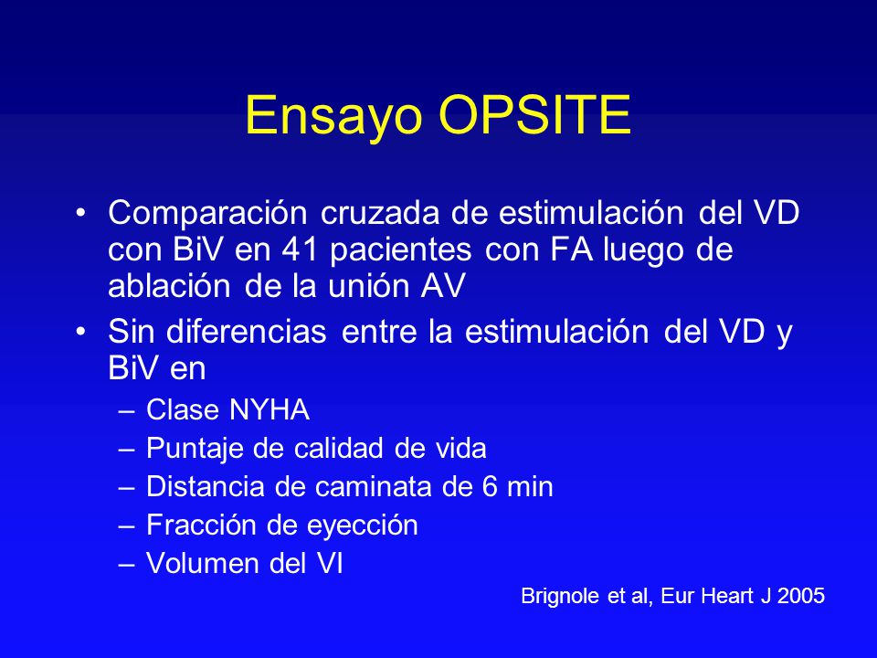 Ensayo OPSITE Comparación cruzada de estimulación del VD con BiV en 41 pacientes con FA luego de ablación de la unión AV.
