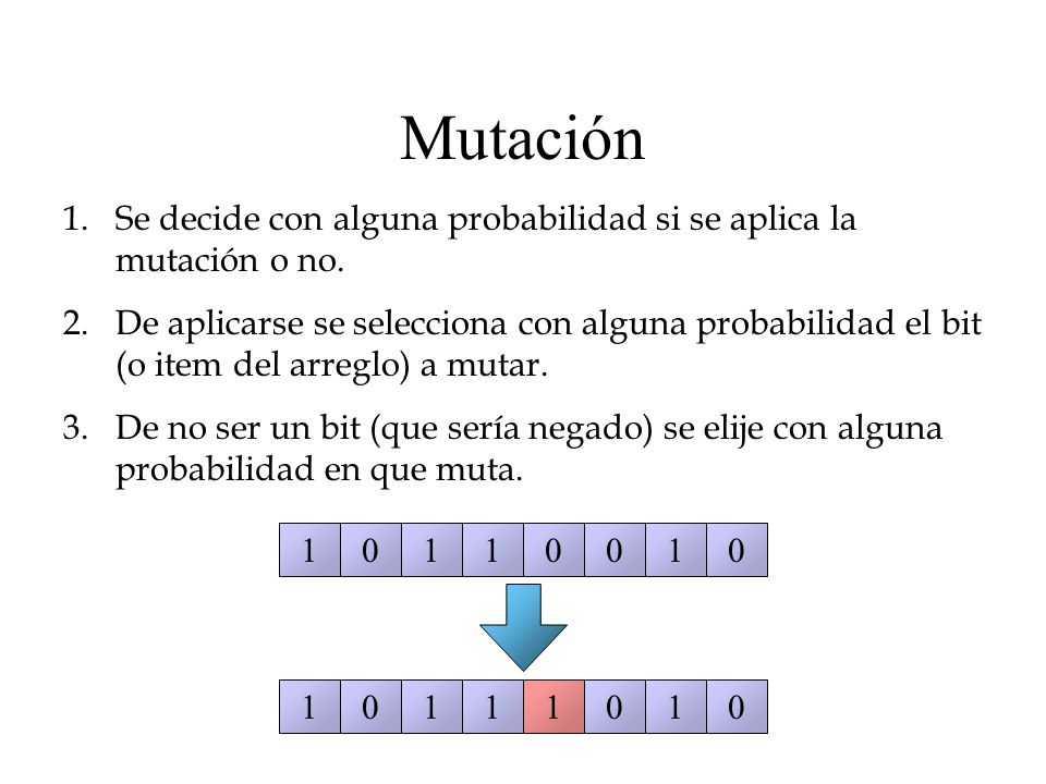 Mutación Se decide con alguna probabilidad si se aplica la mutación o no.