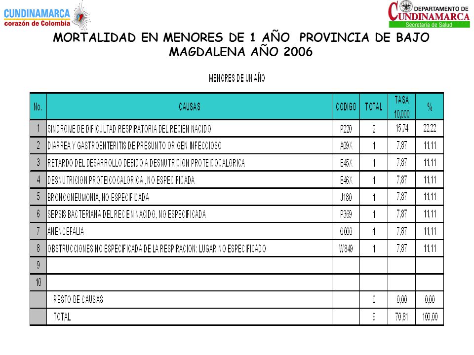 MORTALIDAD EN MENORES DE 1 AÑO PROVINCIA DE BAJO MAGDALENA AÑO 2006