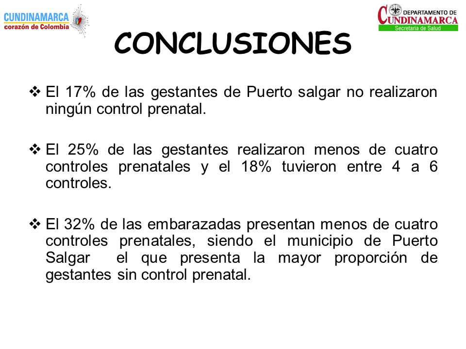 CONCLUSIONES El 17% de las gestantes de Puerto salgar no realizaron ningún control prenatal.