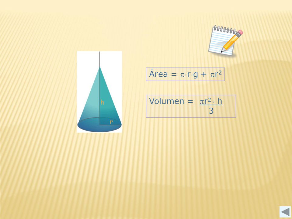 Área = p·r·g + pr2 Volumen = pr2 · h 3 h r