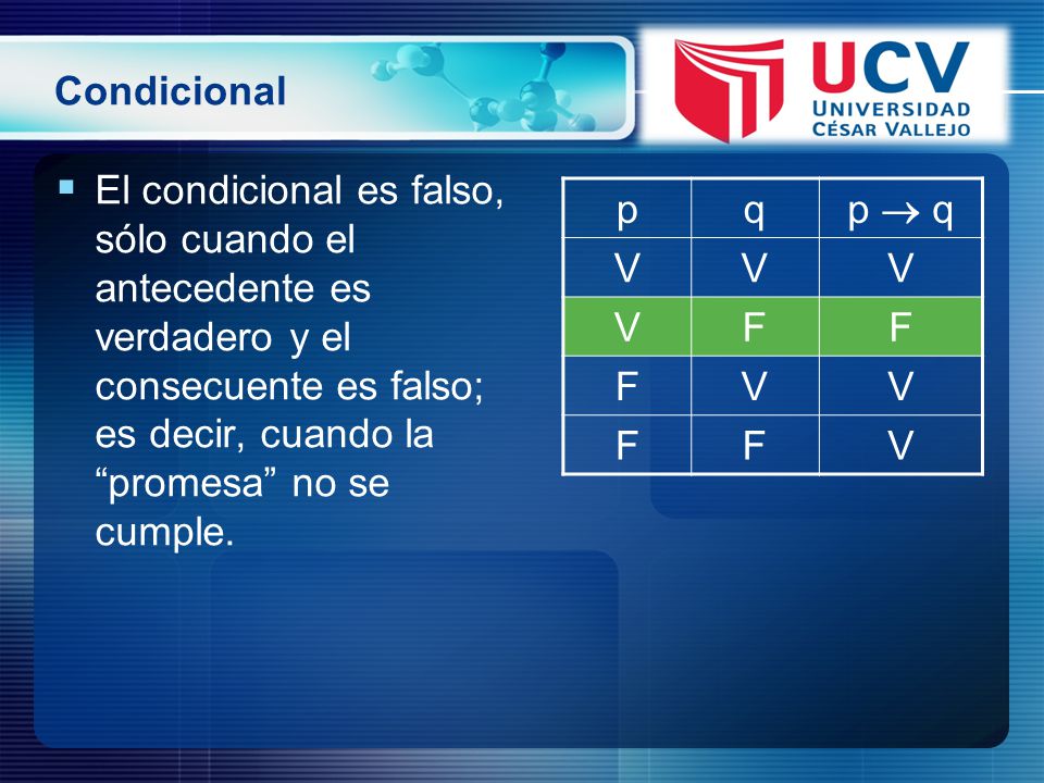 Condicional El condicional es falso, sólo cuando el antecedente es verdadero y el consecuente es falso; es decir, cuando la promesa no se cumple.