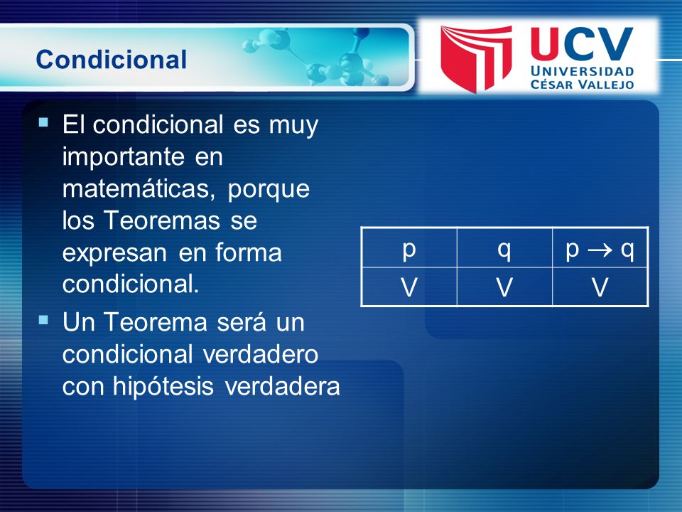 Condicional El condicional es muy importante en matemáticas, porque los Teoremas se expresan en forma condicional.