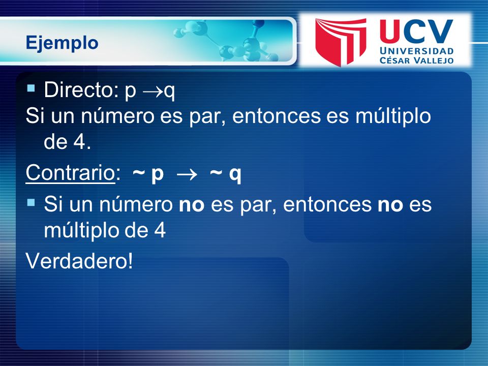 Si un número es par, entonces es múltiplo de 4. Contrario: ~ p  ~ q