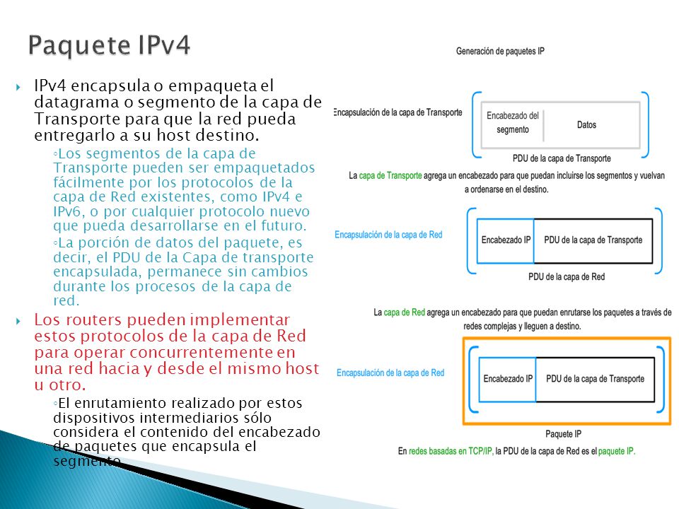 Paquete IPv4 IPv4 encapsula o empaqueta el datagrama o segmento de la capa de Transporte para que la red pueda entregarlo a su host destino.