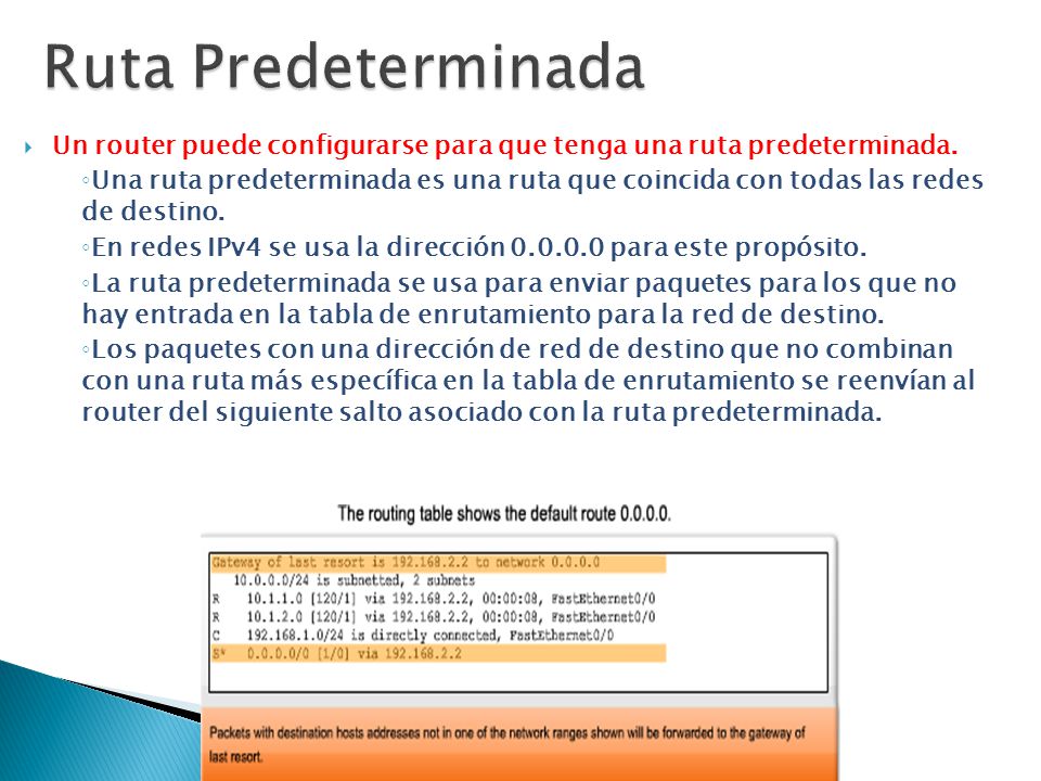 Ruta Predeterminada Un router puede configurarse para que tenga una ruta predeterminada.