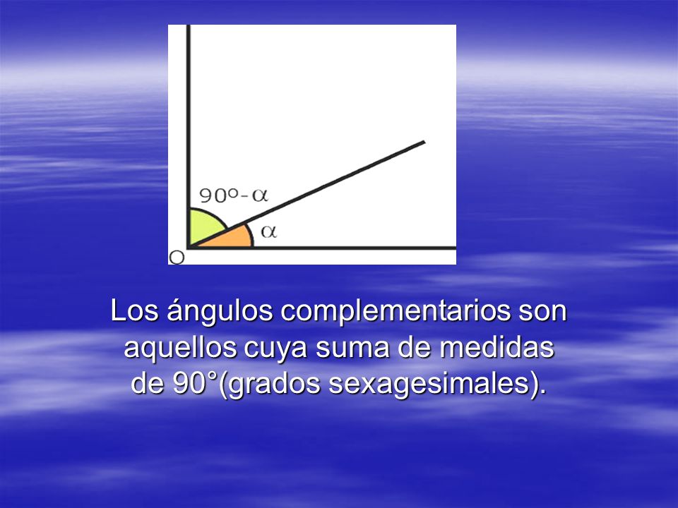 Los ángulos complementarios son aquellos cuya suma de medidas de 90°(grados sexagesimales).