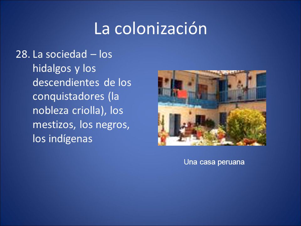 La colonización La sociedad – los hidalgos y los descendientes de los conquistadores (la nobleza criolla), los mestizos, los negros, los indígenas.