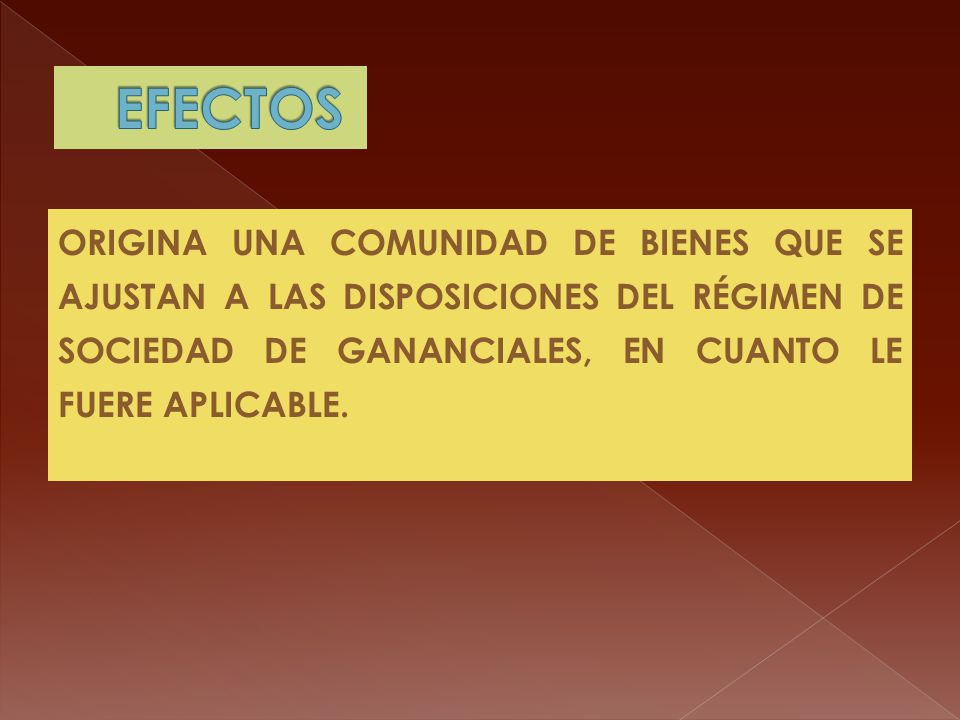 EFECTOS ORIGINA UNA COMUNIDAD DE BIENES QUE SE AJUSTAN A LAS DISPOSICIONES DEL RÉGIMEN DE SOCIEDAD DE GANANCIALES, EN CUANTO LE FUERE APLICABLE.