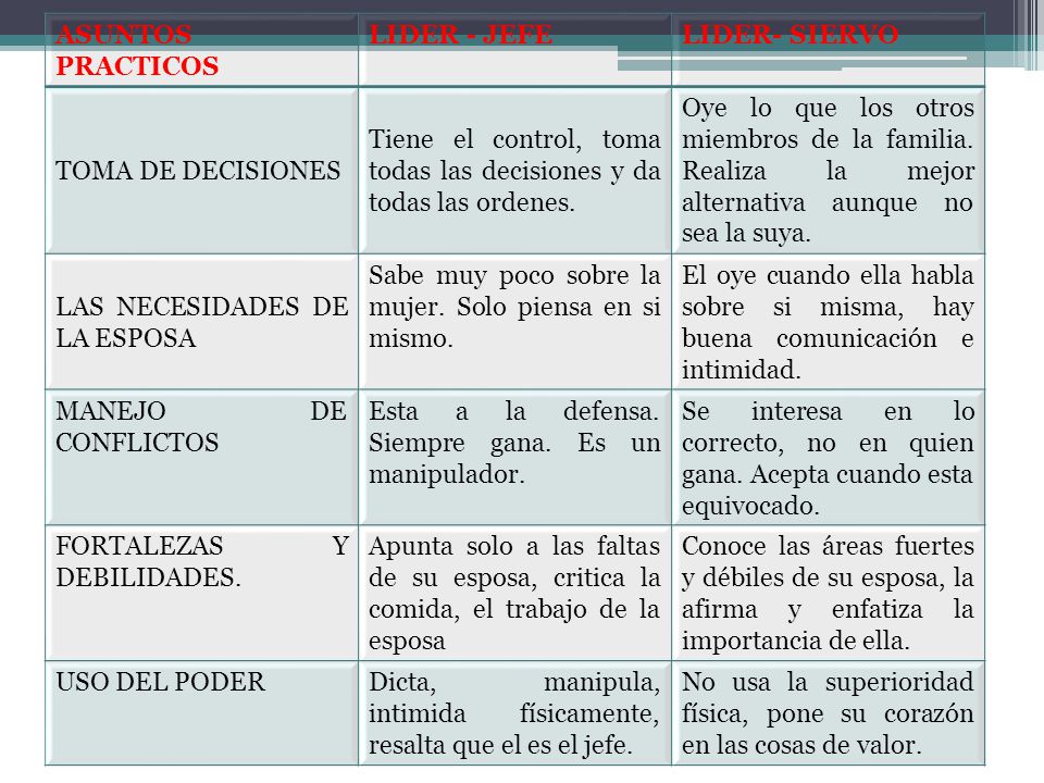 ASUNTOS PRACTICOS LIDER - JEFE. LIDER- SIERVO. TOMA DE DECISIONES. Tiene el control, toma todas las decisiones y da todas las ordenes.
