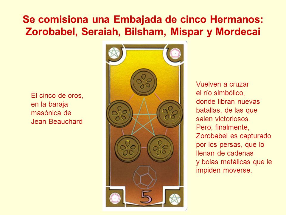 Se comisiona una Embajada de cinco Hermanos: Zorobabel, Seraiah, Bilsham, Mispar y Mordecai