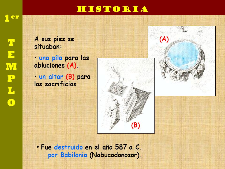 1er T. E. M. P. L. O. Historia. (A) A sus pies se situaban: una pila para las abluciones (A).