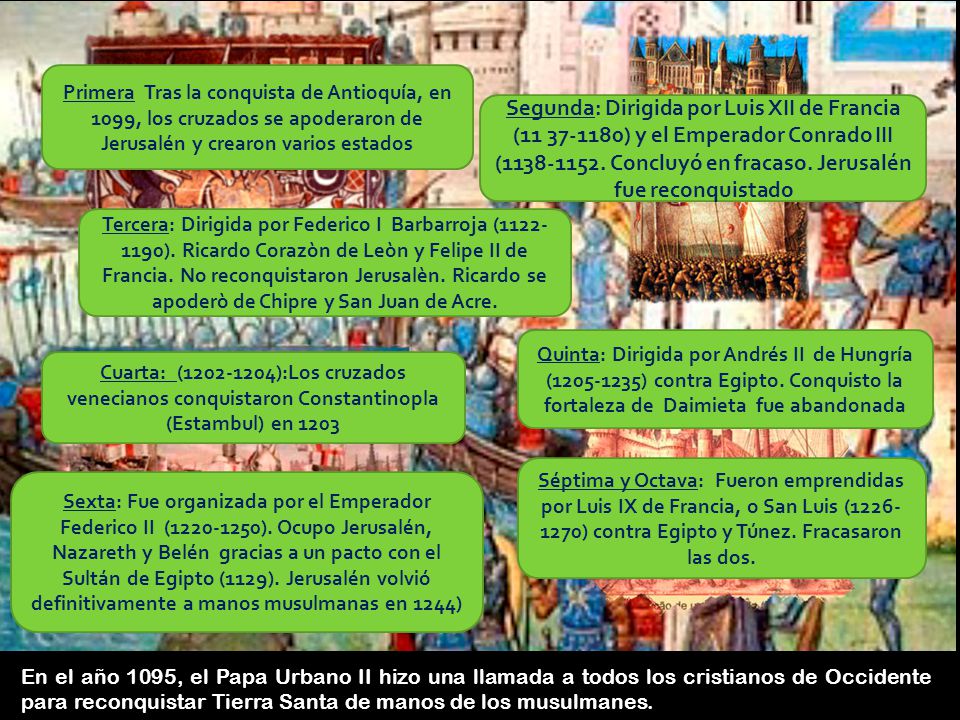 Primera Tras la conquista de Antioquía, en 1099, los cruzados se apoderaron de Jerusalén y crearon varios estados