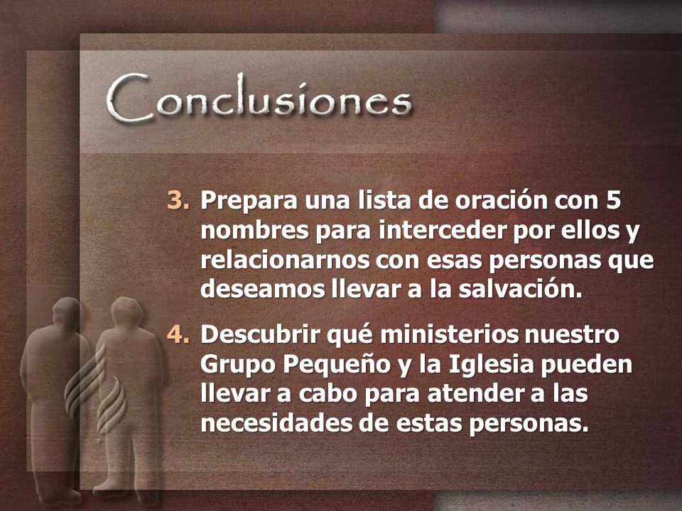 Prepara una lista de oración con 5 nombres para interceder por ellos y relacionarnos con esas personas que deseamos llevar a la salvación.