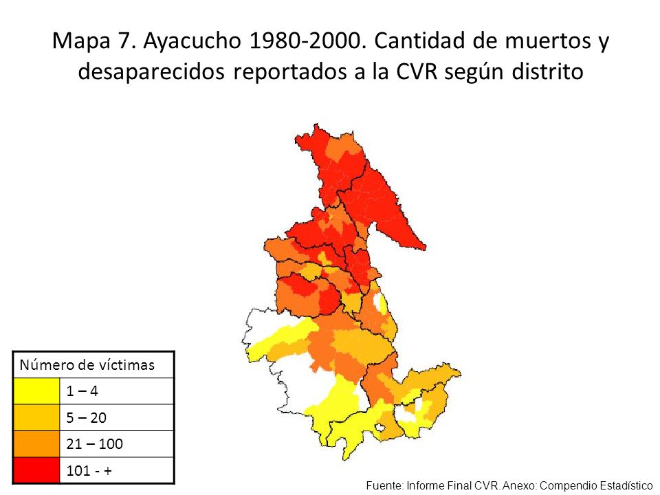 Mapa 7. Ayacucho Cantidad de muertos y desaparecidos reportados a la CVR según distrito