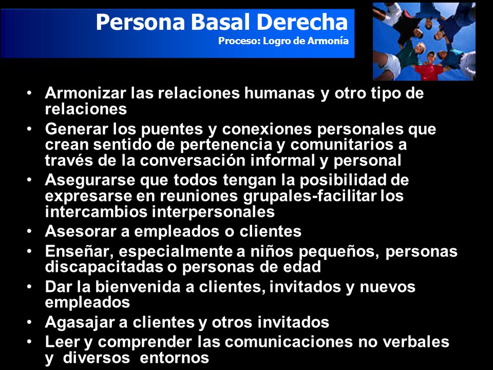Persona Basal Derecha Proceso: Logro de Armonía. Armonizar las relaciones humanas y otro tipo de relaciones.