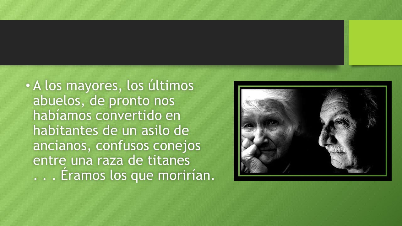 A los mayores, los últimos abuelos, de pronto nos habíamos convertido en habitantes de un asilo de ancianos, confusos conejos entre una raza de titanes .