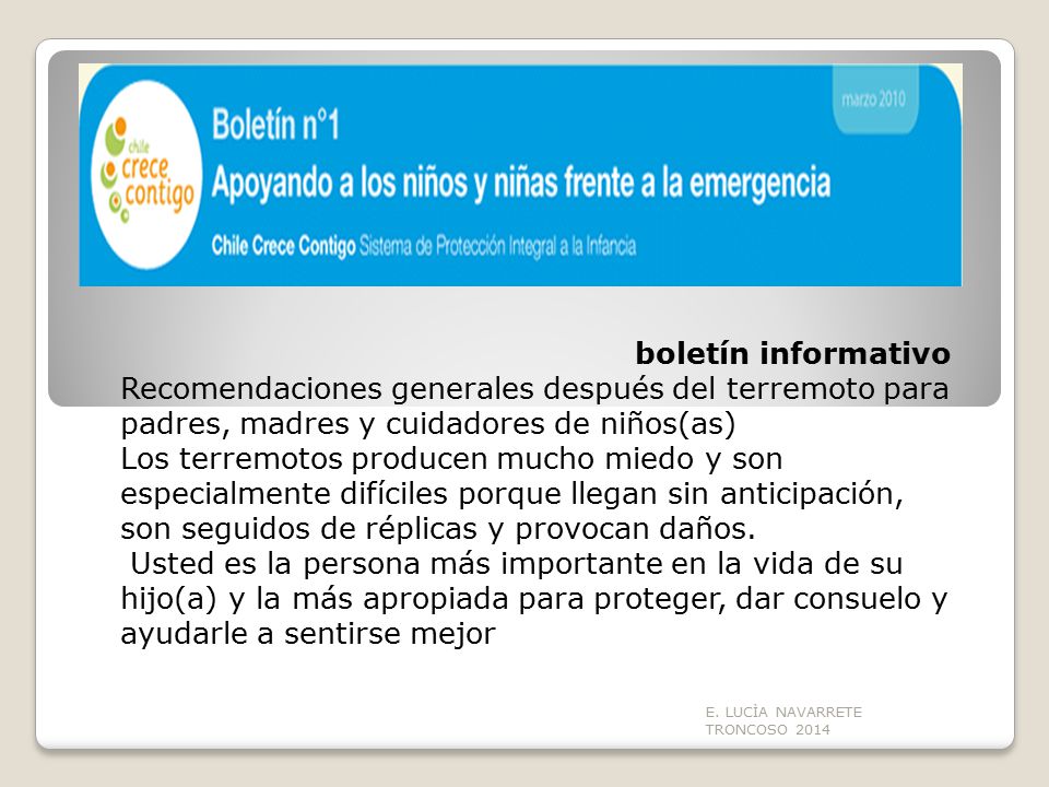 boletín informativo Recomendaciones generales después del terremoto para padres, madres y cuidadores de niños(as)