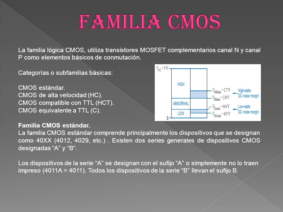 FAMILIA CMOS La familia lógica CMOS, utiliza transistores MOSFET complementarios canal N y canal P como elementos básicos de conmutación.