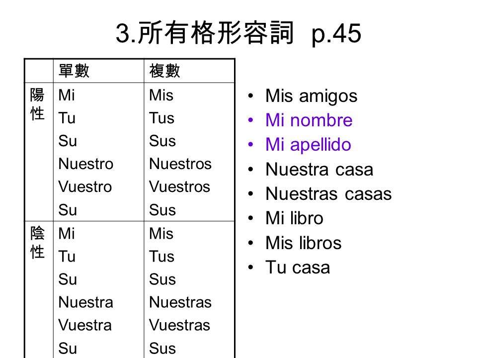 3.所有格形容詞 p.45 Mis amigos Mi nombre Mi apellido Nuestra casa