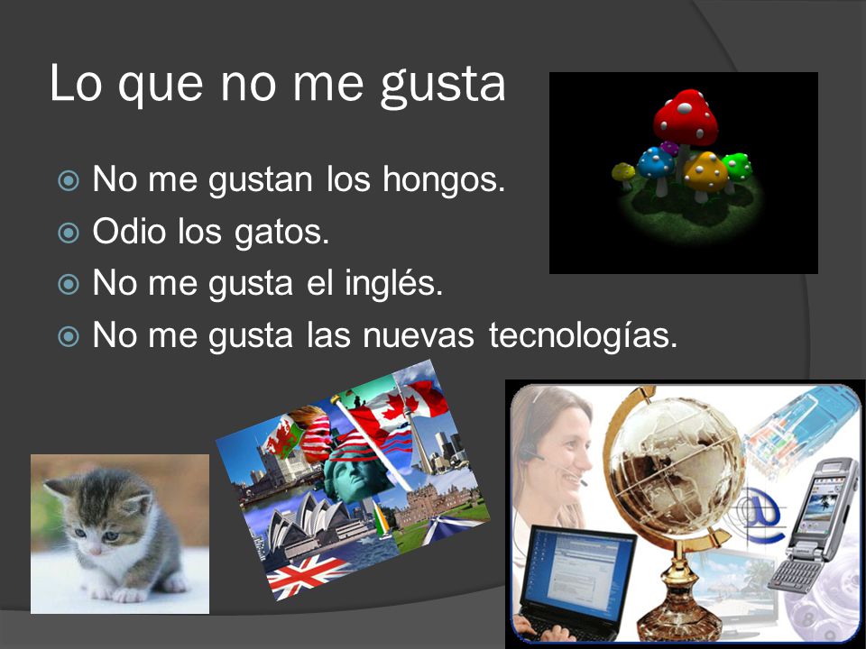 Lo que no me gusta No me gustan los hongos. Odio los gatos.