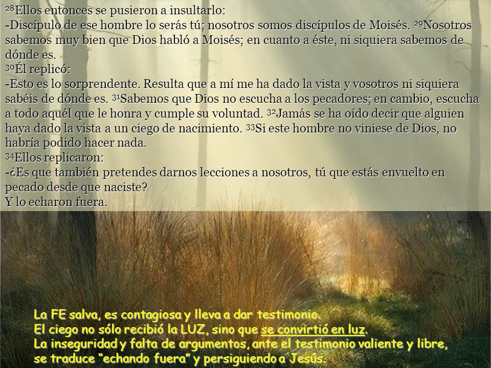 28Ellos entonces se pusieron a insultarlo: -Discípulo de ese hombre lo serás tú; nosotros somos discípulos de Moisés. 29Nosotros sabemos muy bien que Dios habló a Moisés; en cuanto a éste, ni siquiera sabemos de dónde es. 30Él replicó: -Esto es lo sorprendente. Resulta que a mí me ha dado la vista y vosotros ni siquiera sabéis de dónde es. 31Sabemos que Dios no escucha a los pecadores; en cambio, escucha a todo aquél que le honra y cumple su voluntad. 32Jamás se ha oído decir que alguien haya dado la vista a un ciego de nacimiento. 33Si este hombre no viniese de Dios, no habría podido hacer nada. 34Ellos replicaron: -¿Es que también pretendes darnos lecciones a nosotros, tú que estás envuelto en pecado desde que naciste Y lo echaron fuera.