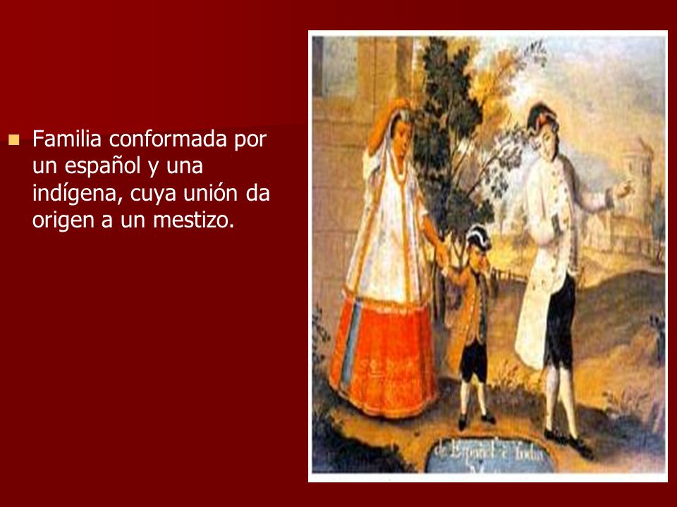 Familia conformada por un español y una indígena, cuya unión da origen a un mestizo.