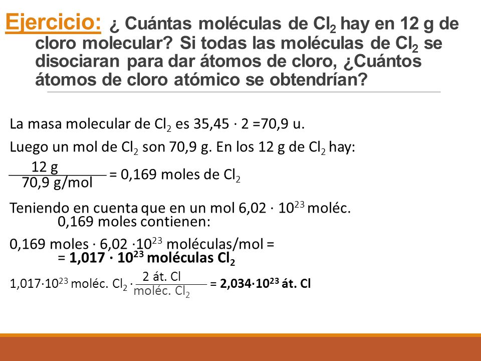 Ejercicio: ¿ Cuántas moléculas de Cl2 hay en 12g de cloro molecular