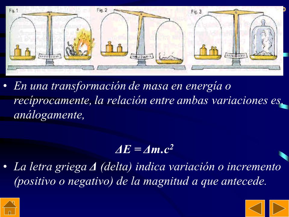 En una transformación de masa en energía o recíprocamente, la relación entre ambas variaciones es, análogamente,
