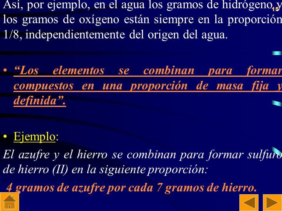 Así, por ejemplo, en el agua los gramos de hidrógeno y los gramos de oxígeno están siempre en la proporción 1/8, independientemente del origen del agua.