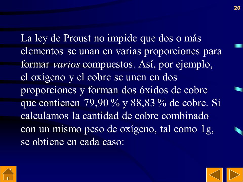 La ley de Proust no impide que dos o más elementos se unan en varias proporciones para formar varios compuestos.