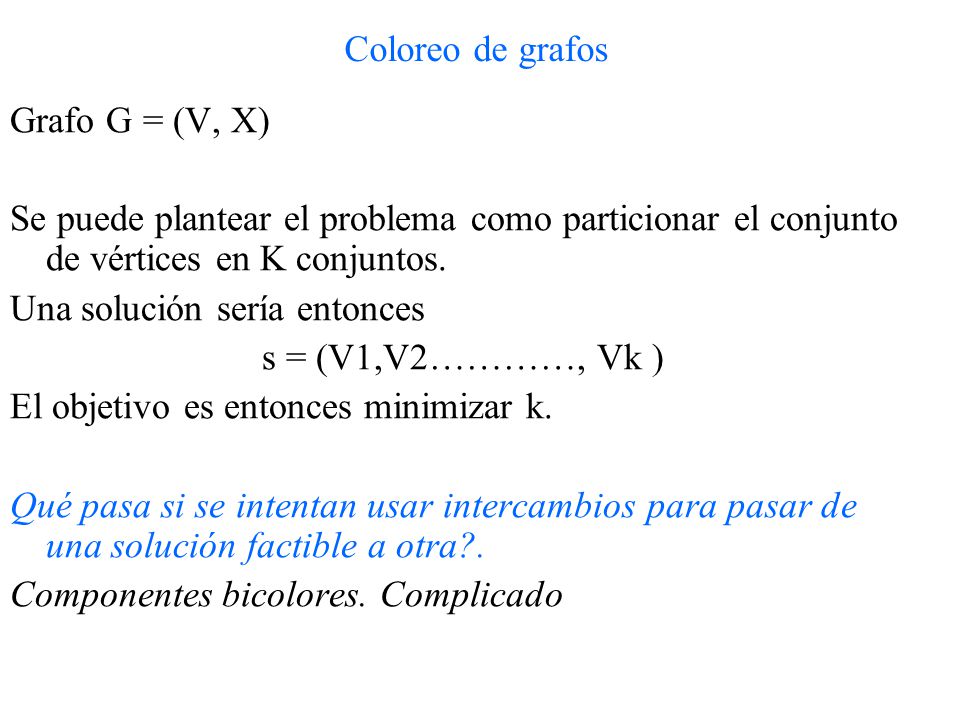 Coloreo de grafos Grafo G = (V, X) Se puede plantear el problema como particionar el conjunto de vértices en K conjuntos.