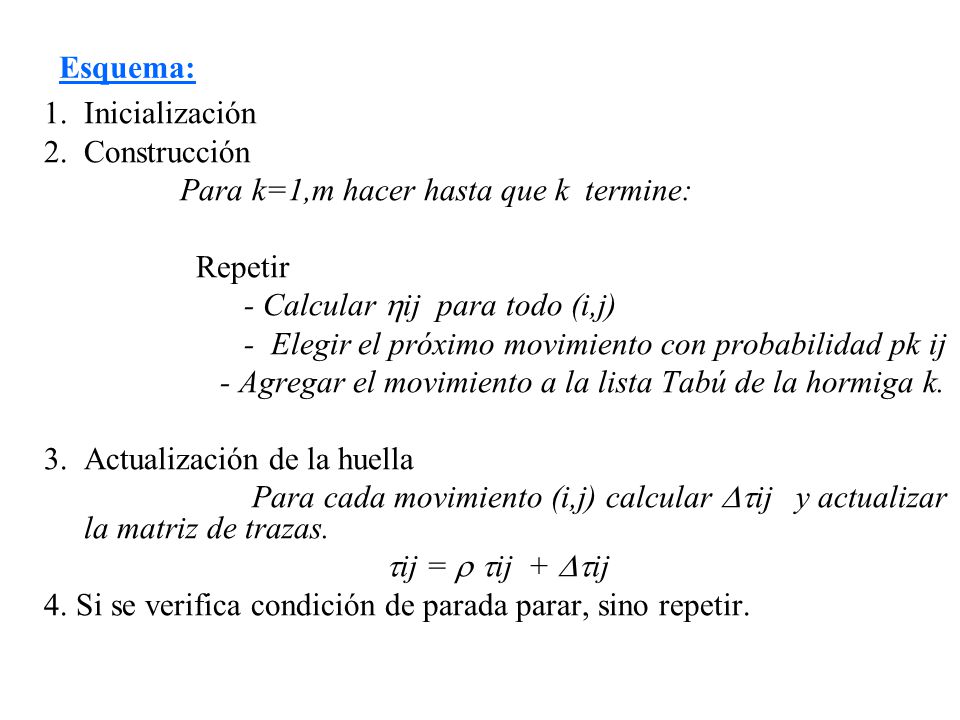 Esquema: Inicialización. Construcción. Para k=1,m hacer hasta que k termine: Repetir. - Calcular ij para todo (i,j)