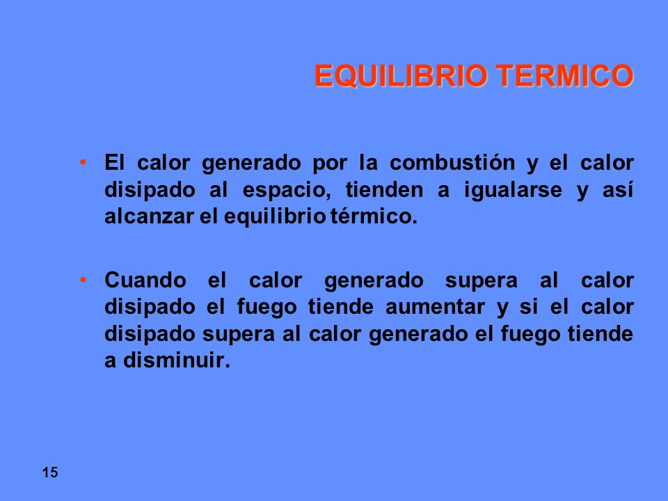 EQUILIBRIO TERMICO El calor generado por la combustión y el calor disipado al espacio, tienden a igualarse y así alcanzar el equilibrio térmico.