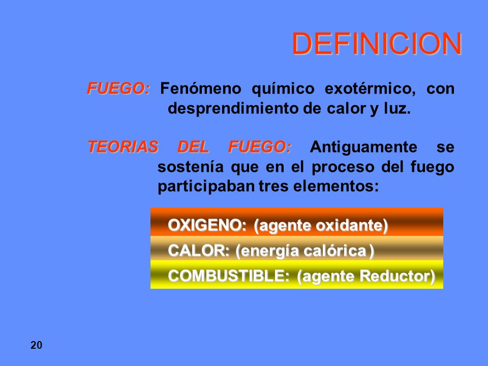 DEFINICION FUEGO: Fenómeno químico exotérmico, con desprendimiento de calor y luz.