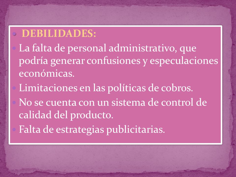 DEBILIDADES: La falta de personal administrativo, que podría generar confusiones y especulaciones económicas.