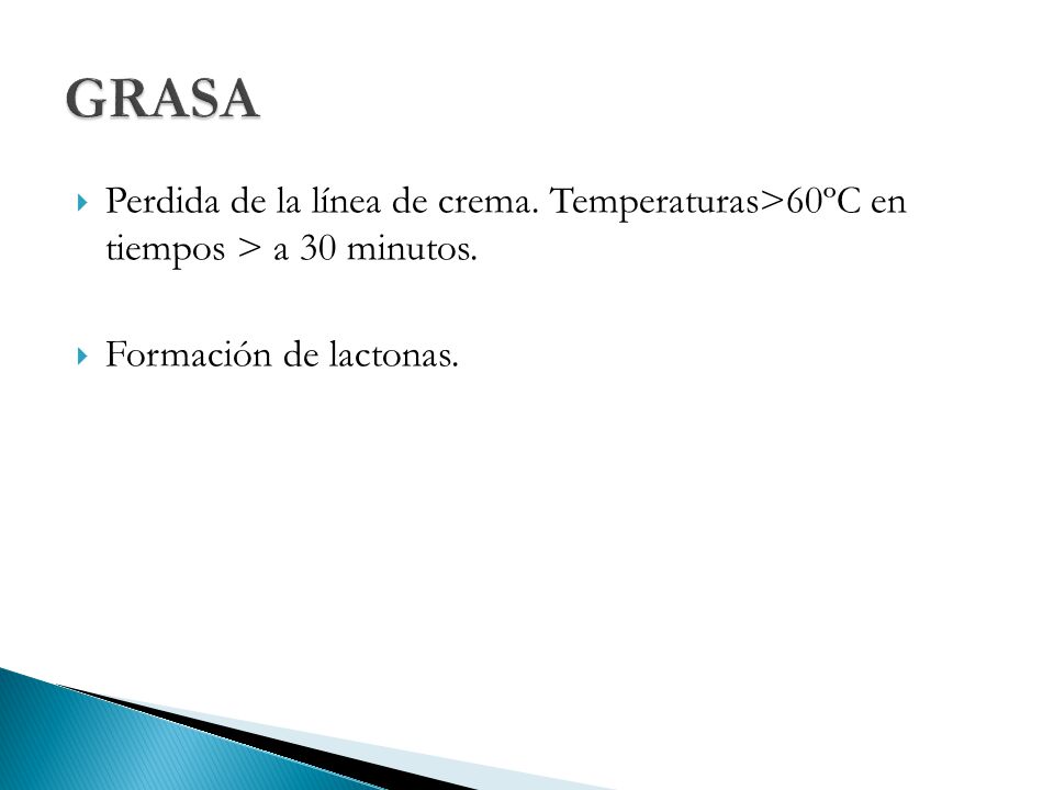 GRASA Perdida de la línea de crema. Temperaturas>60ºC en tiempos > a 30 minutos.