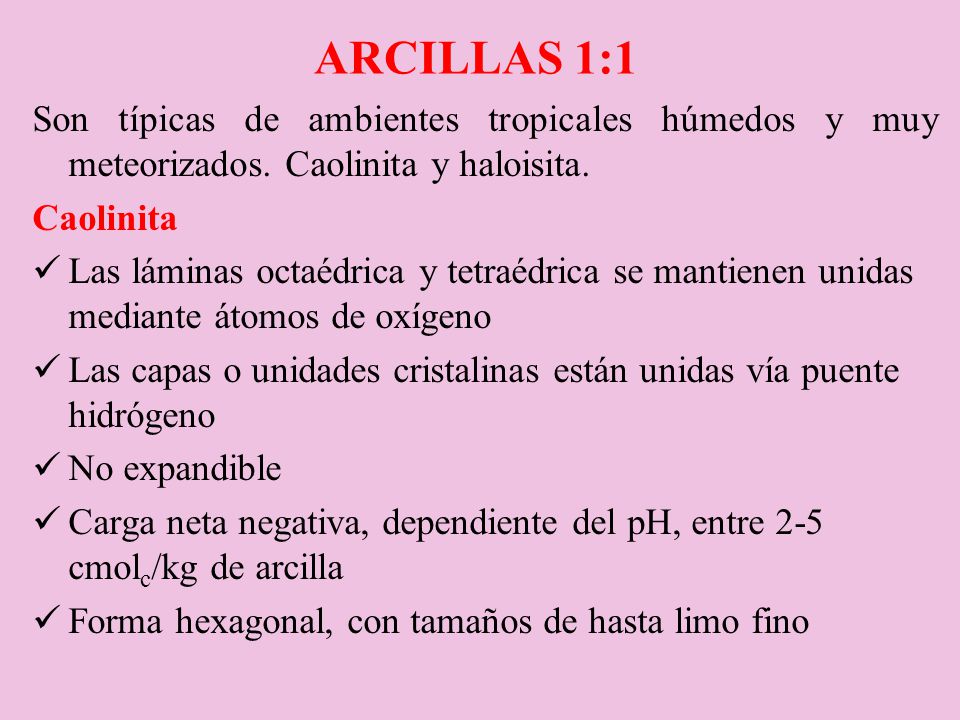 Arcillas 1:1 Son típicas de ambientes tropicales húmedos y muy meteorizados. Caolinita y haloisita.