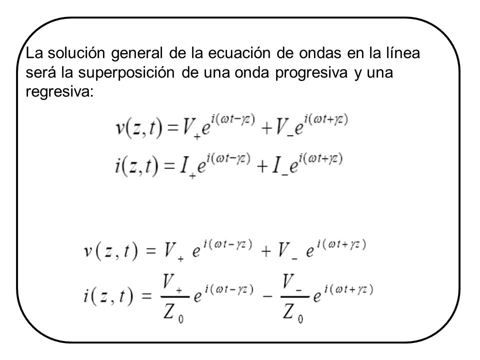 La solución general de la ecuación de ondas en la línea será la superposición de una onda progresiva y una regresiva: