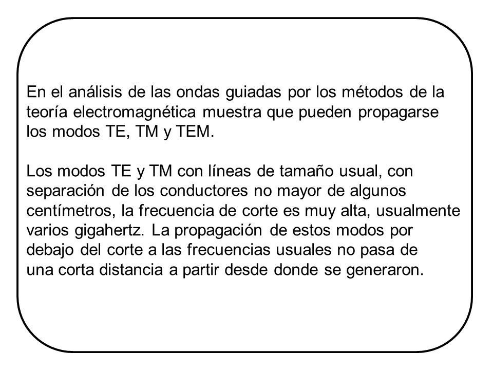 En el análisis de las ondas guiadas por los métodos de la teoría electromagnética muestra que pueden propagarse los modos TE, TM y TEM.